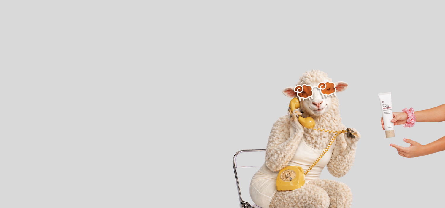 Sheep-like character with sunglasses and a handbag, interacting with a person holding a bottle.