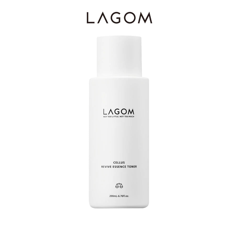 White bottle of LAGOM Cellus Revive Essence Toner on a white background